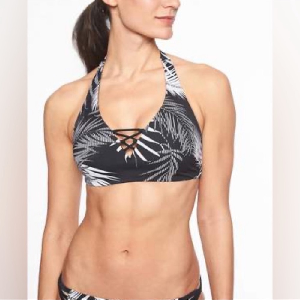 Athleta Sandy Beach Loop Palm Leaf Black & White Halter Bikini Top 32C